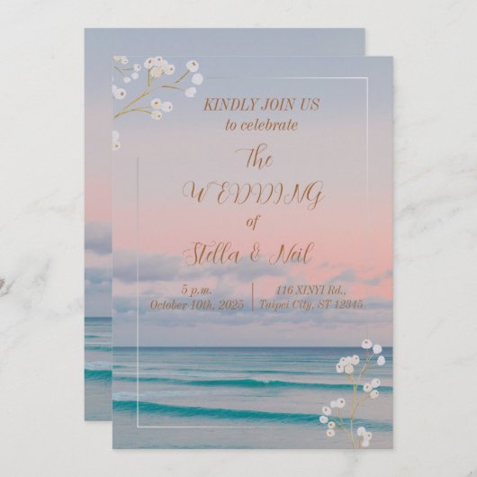 エレガントサンセットブルー海ビーチ結婚式招待状 招待状
