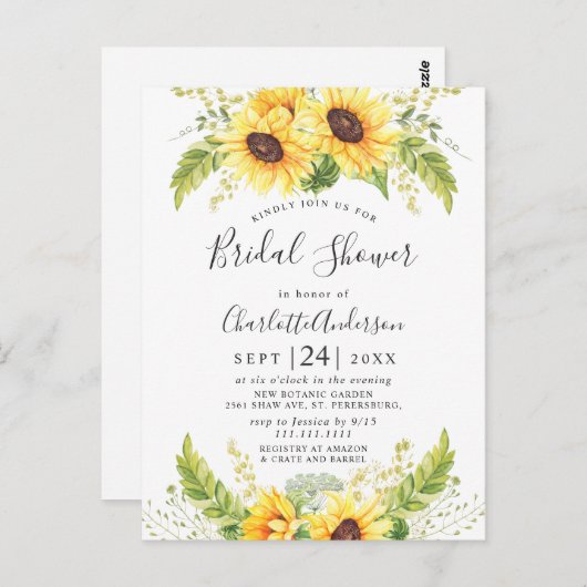 エレガントサンフラワーズユーカリブライダルシャワーカード ポストカード (正面/裏面)