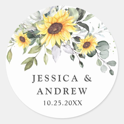 エレガントサンフラワーユーカリ水の色結婚の ラウンドシール (正面)