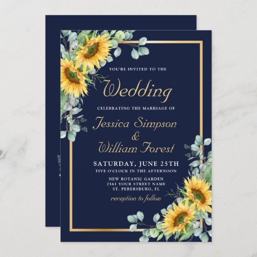 エレガントサンフラワーユーカリ水の色結婚の 招待状 (正面/裏面)