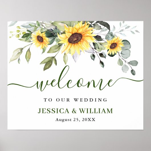 エレガントサンフラワーユーカリ結婚の歓迎サイン ポスター (正面)