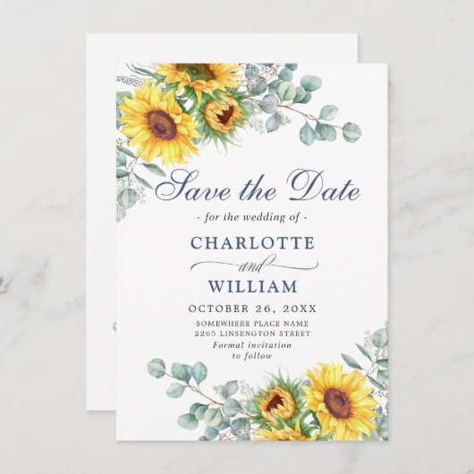 エレガントサンフラワーユーカリ結婚グリーン セーブザデート (正面/裏面)