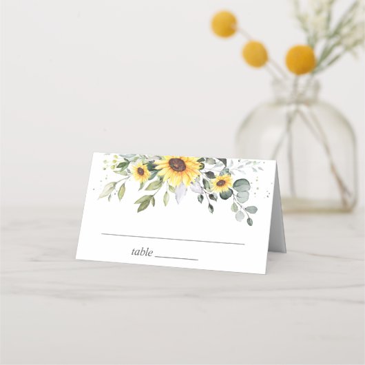 エレガントサンフラワーユーカリ結婚グリーン プレイスカード (正面)