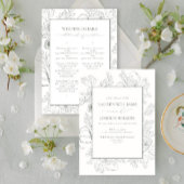 エレガントサージグリーンフローララインアート詳細結婚ズ 招待状