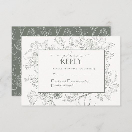 エレガントサージグリーンフローララインア結婚ート 出欠カード (正面/裏面)