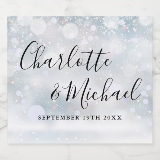 エレガントシグネチャースクリプト冬の雪結婚片 スパークリングワインラベル (シングルラベル)
