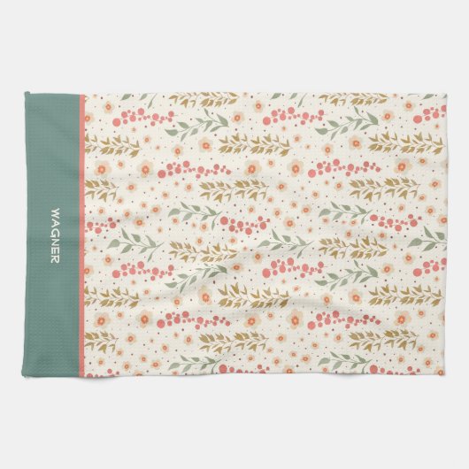 エレガントシックかわいらしフローラルパターン名前をカスタムする キッチンタオル (横)