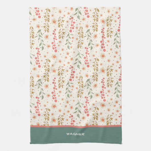 エレガントシックかわいらしフローラルパターン名前をカスタムする キッチンタオル (縦)