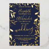 エレガントシックなネイビー結婚ルフローラ金ゴールド 箔招待状 (正面)