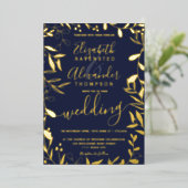 エレガントシックなネイビー結婚ルフローラ金ゴールド 箔招待状 (立ち正面)