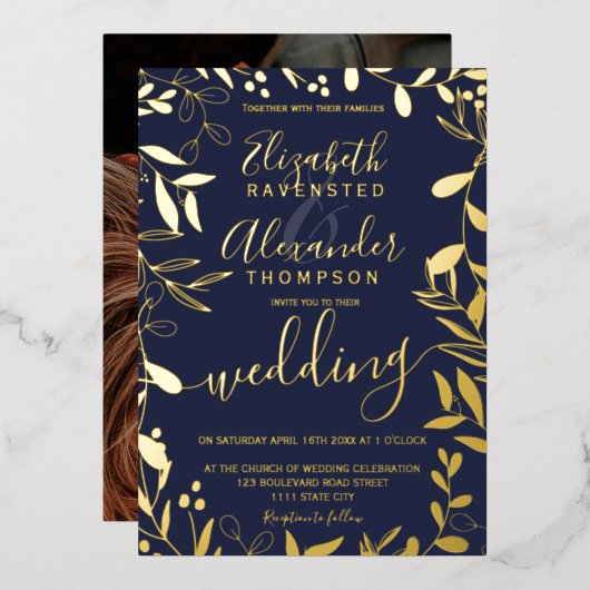 エレガントシックなネイビー結婚ルフローラ金ゴールド 箔招待状 (正面/裏面)