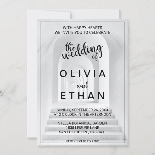 エレガントシックな白黒縁ど写真結婚s 招待状 (正面)