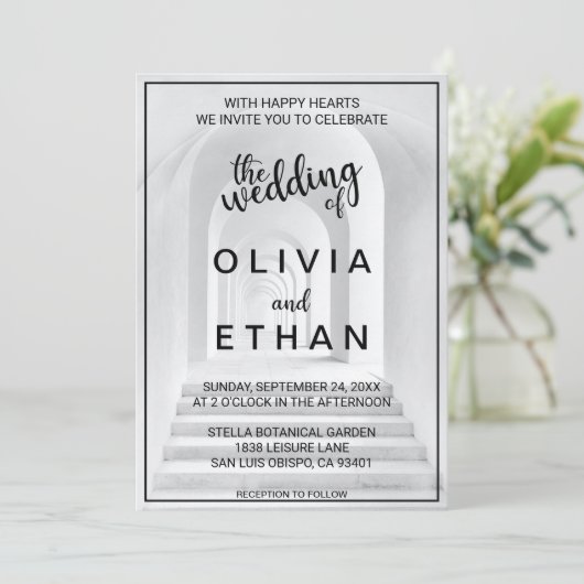 エレガントシックな白黒縁ど写真結婚s 招待状 (スタンド正面)