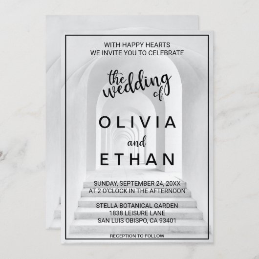 エレガントシックな白黒縁ど写真結婚s 招待状 (正面/裏面)