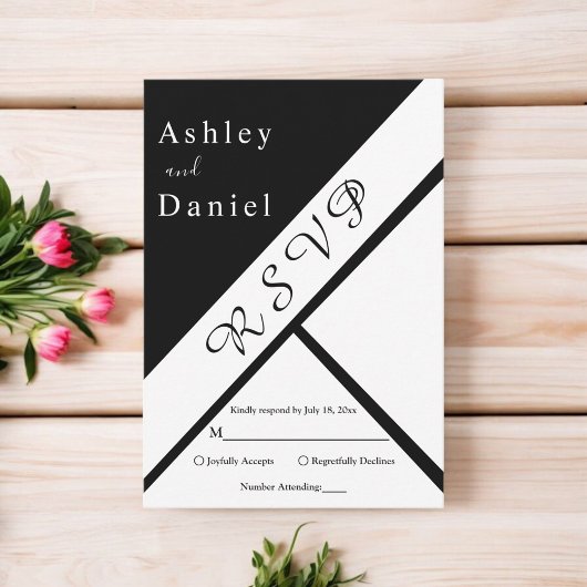 エレガントシックな黒と白モダンのファンシー結婚s 出欠カード