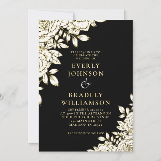 エレガントシックはっきりしたブラック金ゴールドフローラ結婚写真 招待状 (正面)