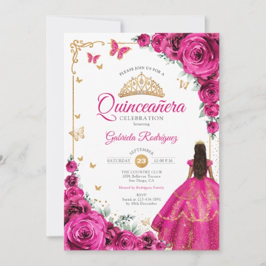 エレガントシックフクシアピンクローゼゴールドキンセアネラ 招待状 (正面)