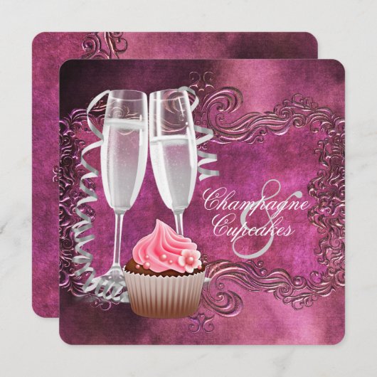 エレガントシャンパンとカップケーキブライダルシャワー 招待状 (正面/裏面)