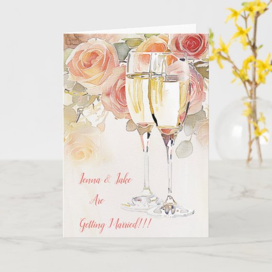 エレガントシャンパンとバラ婚約発表 カード (黄色い花)