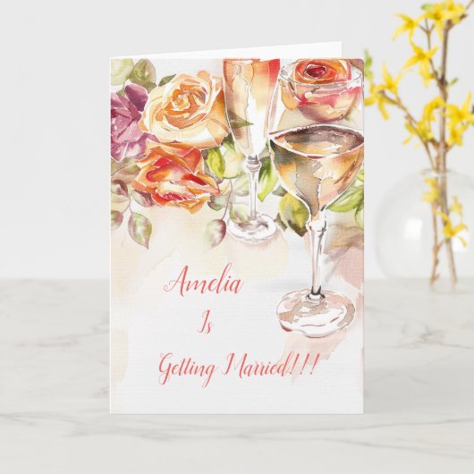 エレガントシャンパンとバラ婚約発表 カード (黄色い花)