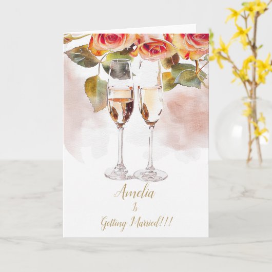 エレガントシャンパンとバラ婚約発表 カード (黄色い花)