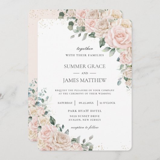 エレガントシャンパンアイボリー赤面フローラバラ結婚ズ 招待状 (正面/裏面)