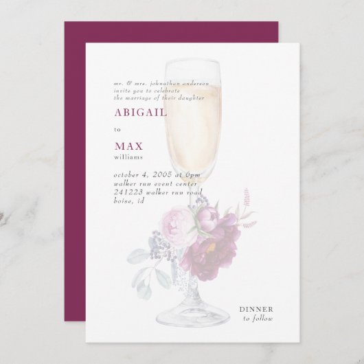 エレガントシャンパングラスピンク結婚フローラ 招待状 (正面/裏面)