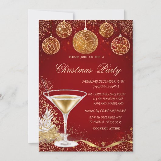 エレガントシャンパンレッド会社クリスマスボール 招待状 (正面)
