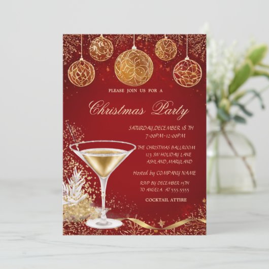 エレガントシャンパンレッド会社クリスマスボール 招待状 (スタンド正面)