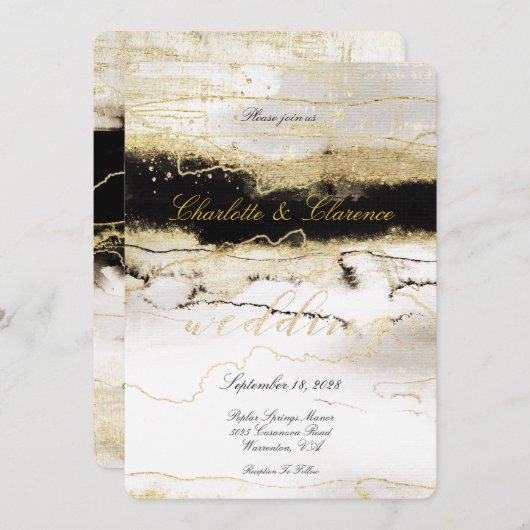 エレガントシャンパン金ゴールド白黒ラグジュアリー結婚ズ 招待状 (正面/裏面)