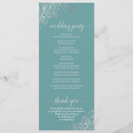 エレガントシルバーカールティール(緑がかった色)またはターコイズ結婚 プログラム (裏面)