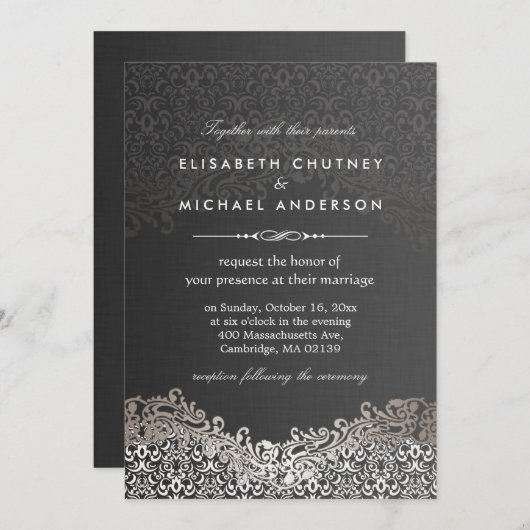 エレガントシルバークラシックダマスクフォーマル結婚ズ 招待状 (正面/裏面)