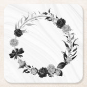 エレガントシルバーグレーとブラックフローラ スクエアペーパーコースター (正面)