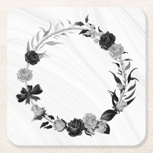 エレガントシルバーグレーとブラックフローラ スクエアペーパーコースター (正面)