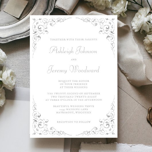 エレガントシルバースクリプト植物体結婚枠 招待状