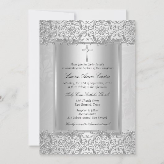 エレガントシルバーダマスククロス洗礼/《キリスト教》洗礼式や命名式 招待状 (正面)