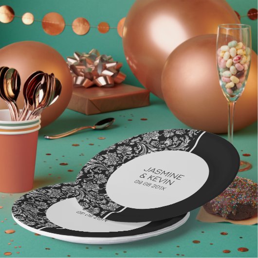 エレガントシルバーダマスク&ブラックスプリットスクリーン ペーパープレート (複数)