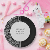 エレガントシルバーダマスク&ブラックスプリットスクリーン ペーパープレート (パーティー)