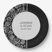 エレガントシルバーダマスク&ブラックスプリットスクリーン ペーパープレート (正面)