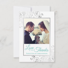 エレガントシルバーフリル&アクア感謝していラヴ結婚ズ サンキューカード