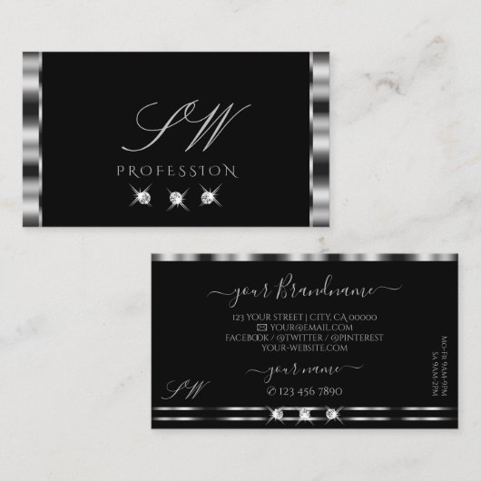 エレガントシルバーブラックきらめくダイヤモンドイニシャル 名刺 (正面/裏面)