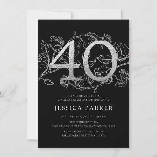エレガントシルバーブラック40歳の誕生日 招待状 (正面)