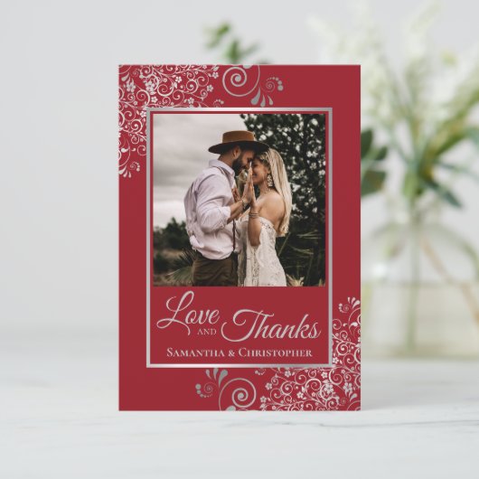 エレガントシルバーレースオンレッド感謝していラヴ結婚ズ サンキューカード (スタンド正面)