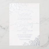 エレガントシルバーレースクラシックオンホワイトズ結婚ス 箔招待状 (正面)