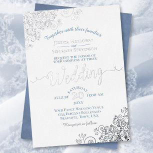 エレガントシルバーレース&ダスティブルー結婚オンホワイト 箔招待状