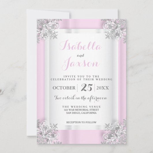 エレガントシルバー付きピンク&ホワイトサテン華美 招待状 (正面)