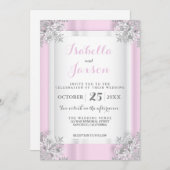 エレガントシルバー付きピンク&ホワイトサテン華美 招待状 (正面/裏面)
