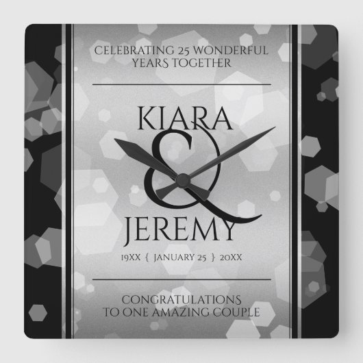 エレガントシルバー結婚25周年記念 スクエア壁時計 (正面)