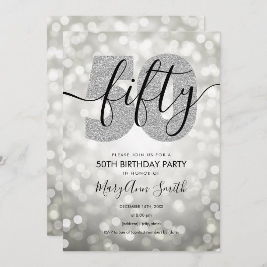 エレガントシルバー50歳誕生パーティー 招待状 (正面/裏面)