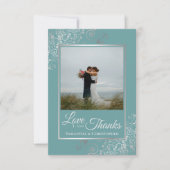 エレガントシルバー&ティール(緑がかった色)フォト&ノートズ結婚ー サンキューカード (正面)